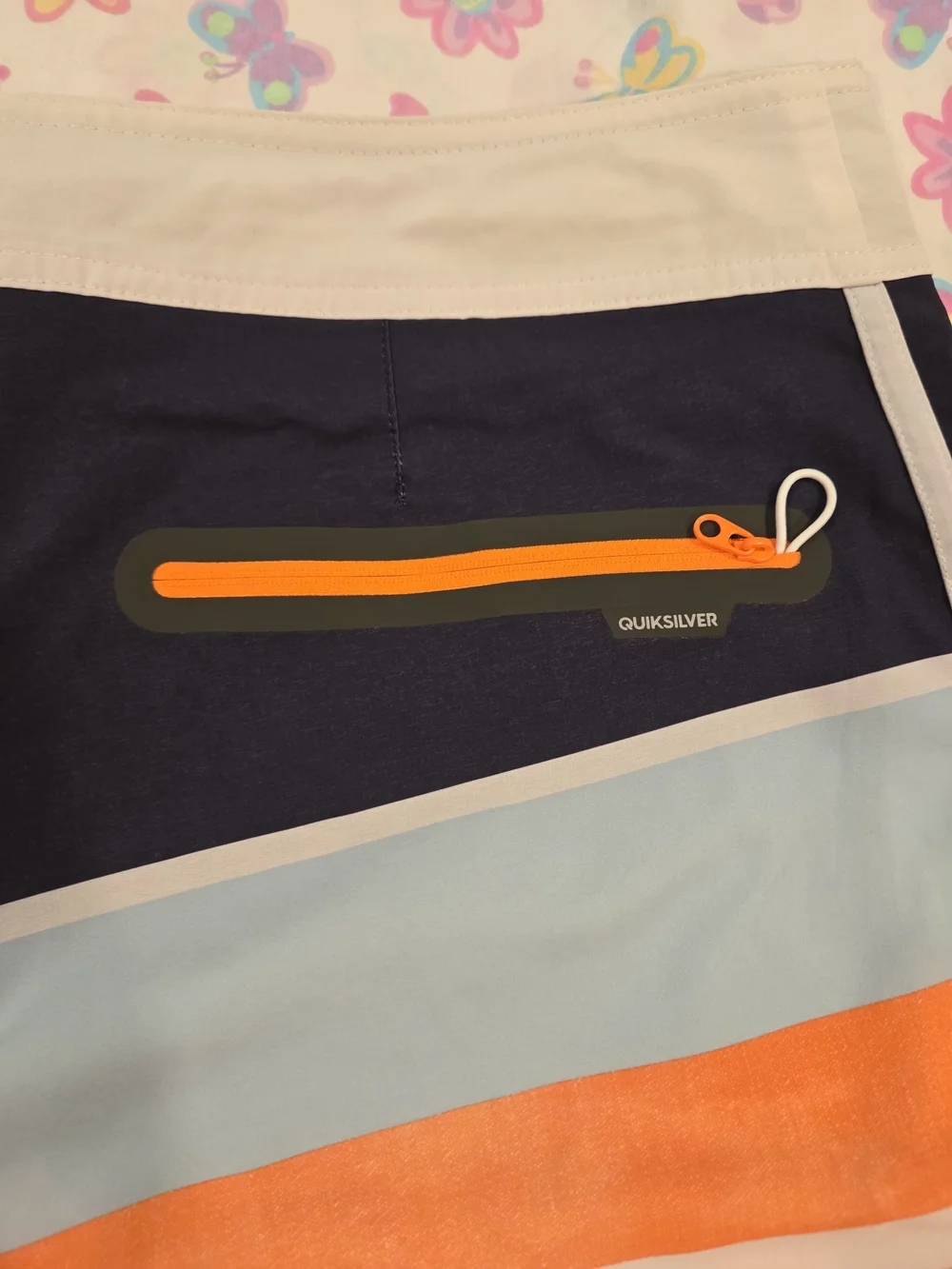 *Quiksilver* Orange, Light Blue & Navy Striped Board Shorts